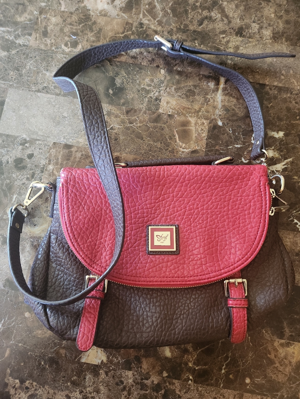 Elegant Red and Brown Leather Shoulder Bag